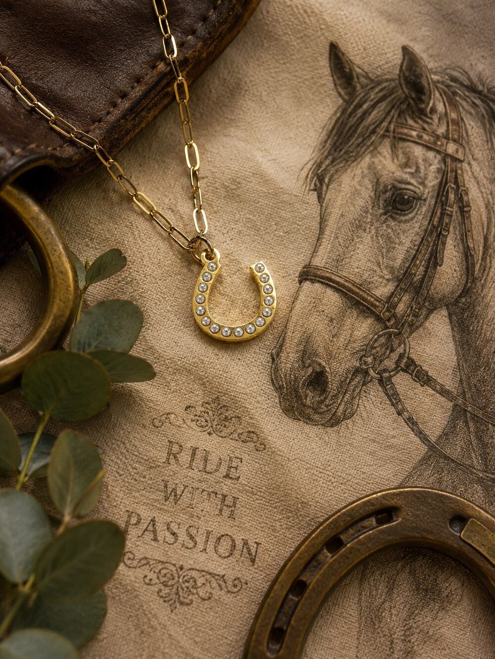 Equestrian Horseshoe Pearl Necklace 18K Gold PVD Paper Clip Chain